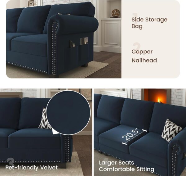 Nolany Velvet Sectional Sofa, L Shaped Sectional Couch with Reversible Chaise Convertible 4 Seater Sofa Couch for Small Space Living Room, Dark Blue - Image 4