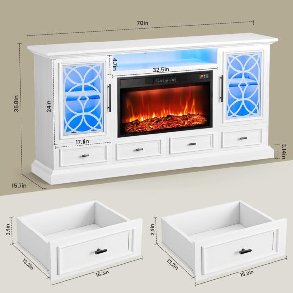 LGHM 70'' Fireplace TV Stand for TVs Up to 80 Inch, White TV Stand with 30" Fireplace & LED Lights, Farmhouse Entertainment Center with Storage Drawers for Living Room - Image 5