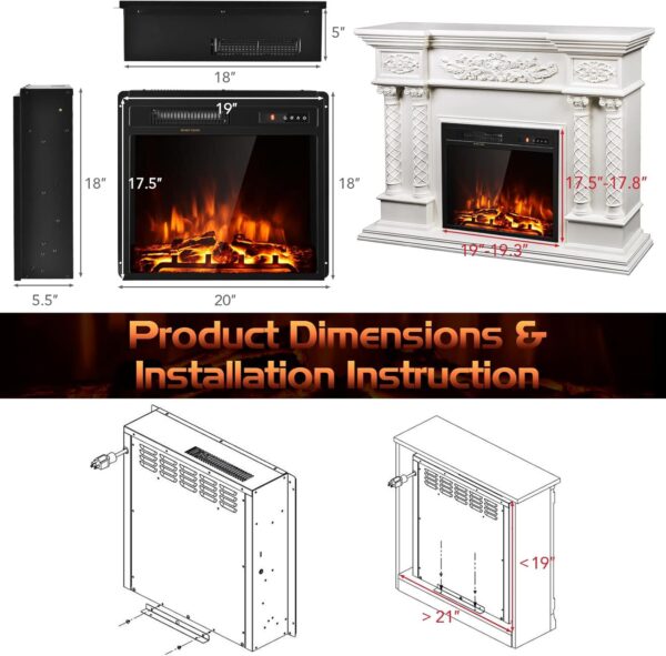 COSTWAY 18-Inch Electric Fireplace Inserts, 1500W Freestanding Recessed Fireplace Heater with Remote Control, Adjustable Flame Effect and Temperature, 9H Timer, Electric Fireplaces for Home Indoor Use - Image 4