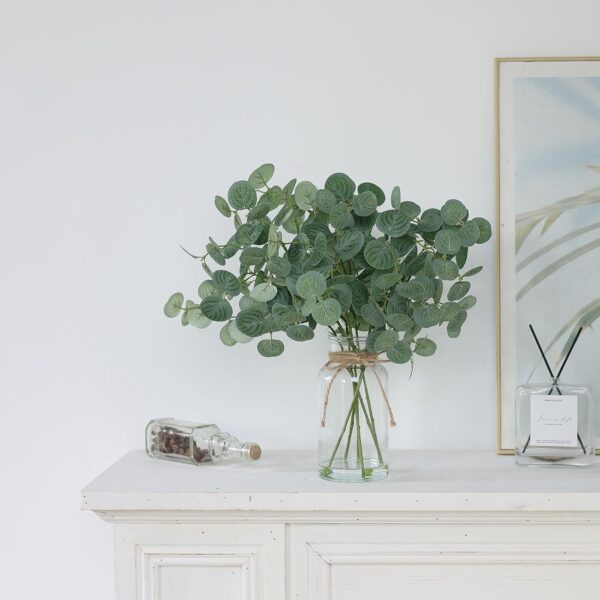 Artificial Eucalyptus Stems in Glass Vase with Faux Water, 14" Fake Plant Eucalyptus Leaves for Centerpiece Table Decorations Office Farmhouse Wedding Home Decor (Green) - Image 7