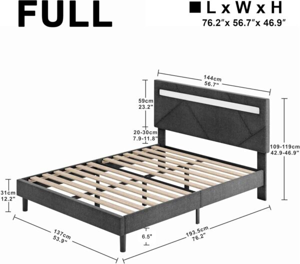 LIKIMIO Full Bed Frame with LED Lights(Smart APP Control), Upholstered Modern Platform Bed Frame, No Box Spring Needed/Noise-Free/Easy Assembly, Dark Grey - Image 2