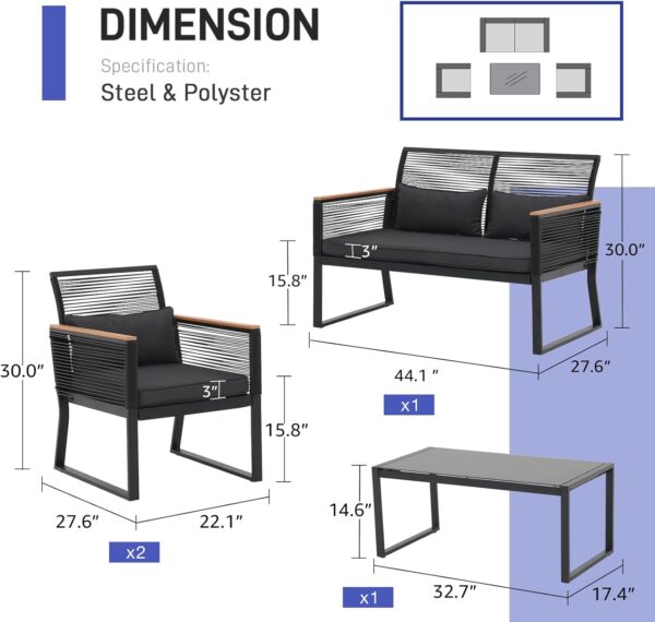 Patiorama 4 Piece Patio Furniture Set, Outdoor Wicker Bistro Set, All-Weather Black PE Rattan Conversation Set w/Coffee Table, Loveseat, Wood-like Armrest, Cushions for Garden Balcony Deck, Dark Grey - Image 3