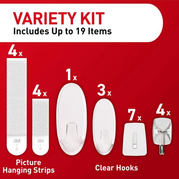 Command Variety Pack, Picture Hanging Strips, Wire Hooks and Wall Hooks, Damage Free Hanging Clear Variety Pack for Up to 19 Items, 1 Kit - Image 3