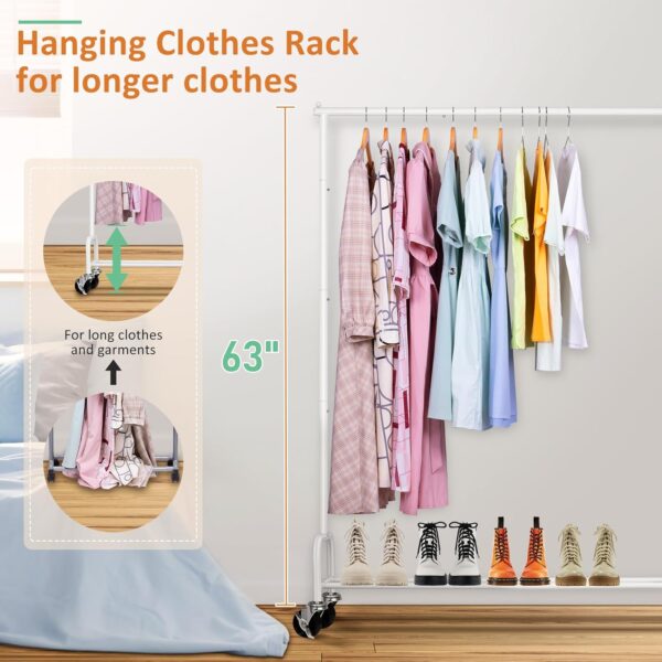 SLEEPING LAMB Heavy Duty Clothes Racks for Hanging Clothing Rack, 43" Wide Rolling Garment Rack Metal Wardrobe Rack with Wheels Closet Hanger Rack for Coats, Shirts, Dress, (White) - Image 4