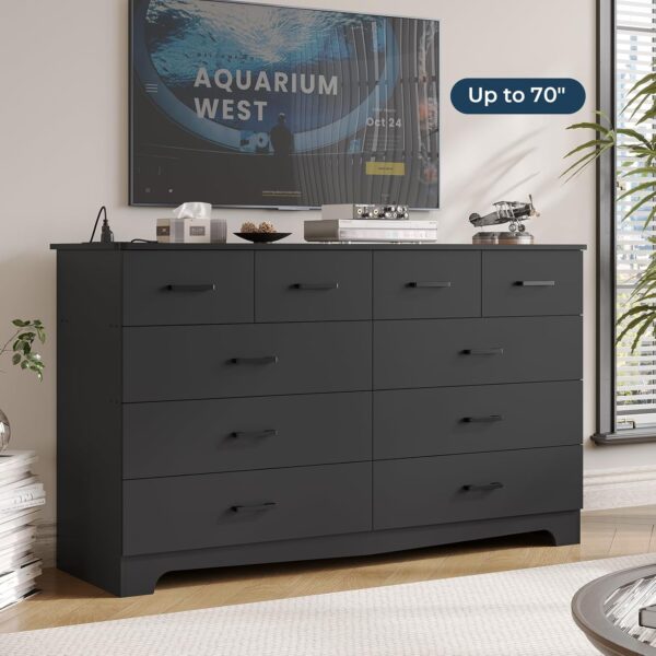 DICTAC Black Bedroom Dresser with 10 Drawers, Large Chest of Drawers Storage Organizer, Long Dresser TV Stand with Power Outlets, Wide Dresser for Bedroom, Living Room (55.1" W x 32.3" H x 15.8" D) - Image 6