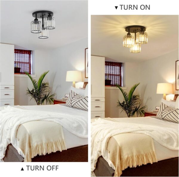 Crystal Semi Flush Mount Ceiling Light,3-Light Modern Close to Ceiling Light Fixtures,Black Kitchen Light Fixtures with Clear Crystal Shade,Hallway Light Fixtures for Hallway Bedroom Bathroom - Image 2