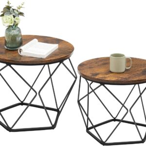 VASAGLE Small Coffee Table Set of 2, Round Coffee Table with Steel Frame, Side End Table for Living Room, Bedroom, Office, Rustic Brown and Ink Black