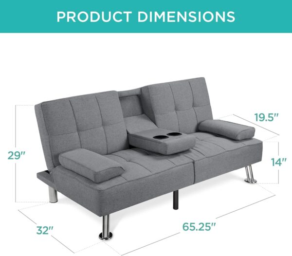 Best Choice Products Linen Modern Folding Futon, Reclining Sofa Bed for Apartment, Dorm w/Removable Armrests, 2 Cupholders - Gray - Image 3