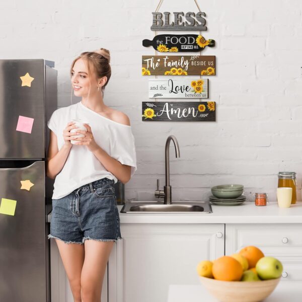 Wesiti 5 Pieces Kitchen Wall Decor Bless the Food Before Us Sign Farmhouse Rustic Dining Room Wall Art Wooden Hanging Signs for Kitchen Wall Decor Wall Hanging Plaque for Home(Sunflower) - Image 3