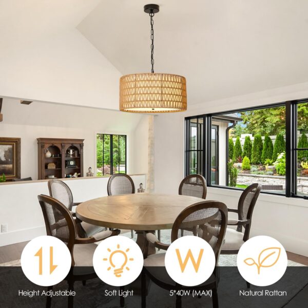 18.9'' Boho Chandelier Lighting for Dining Room, 5 Lights Rattan Chandelier with Fabric Shade, Rustic Large Pendant Light for Kitchen Island, Hand Woven Hanging Light Fixtures. - Image 3