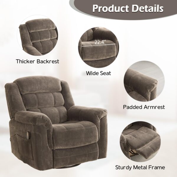 INZOY Oversized Swivel Rocker Recliner with Heat and Vibration, Manual Swivel Rocking Recliner Chair with Massage Vibrating, Overstuffed Soft Fabric Heated Recliner, 360 Swivel Glider Recliner, Brown - Image 4