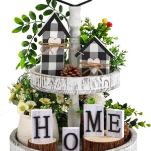 Farmhouse Tiered Tray Decor Set with Buffalo Plaid Decor for Rustic Home Kitchen Table Dining Room Decor, Home and Love Wood Sign Decor(Tiered Tray Not Included)
