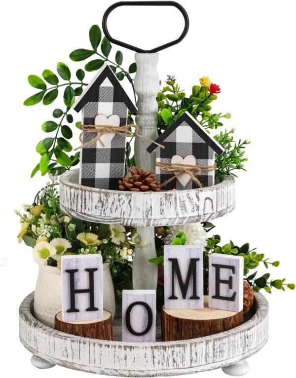 Farmhouse Tiered Tray Decor Set with Buffalo Plaid Decor for Rustic Home Kitchen Table Dining Room Decor, Home and Love Wood Sign Decor(Tiered Tray Not Included)