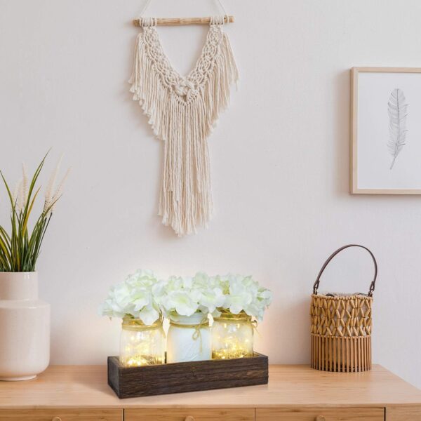 Fowecelt Mason Jar Lights Table Centerpiece Decoration for Dining Room Living Room Kitchen Table Decor Wood Tray with 3 Mason Jars Flowers Farmhouse Coffee Centerpieces Table Decor - Image 4