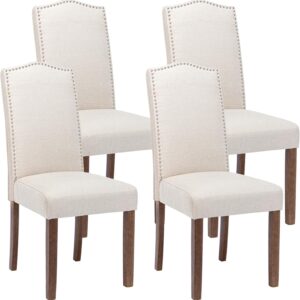 Stylish Upholstered Parsons Dining Chair with Nailhead Trim and Sturdy Solid Wood Legs, Set of 4, Cream