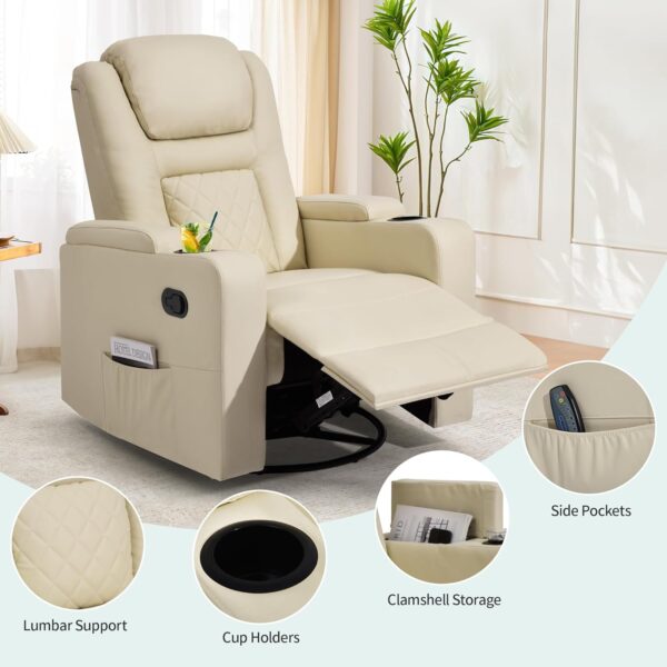 YITAHOME Swivel Rocking Recliner with Massage and Heat, Hidden Arm Storage, Faux Leather Rocker Recliner Chairs with Cup Holders, Comfy Home Theater Seating, Manual Recliner for Living Room, Beige - Image 7