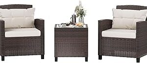 Shintenchi 3 Pieces Patio Furniture Set 3 Pieces PE Rattan Wicker Chairs with Table Outdoor Furniture for Backyard/Garden/Poolside/Outdoor Restaurant Brown Rattan with White Cushion