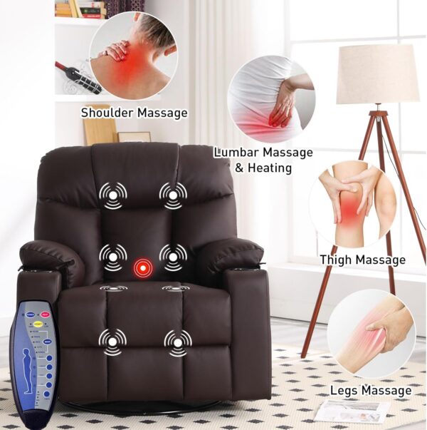 Bonzy Home Oversized Swivel Rocker Recliner, 40" Rocking Recliner Chair with Heated and Massage, PU Leather Single Sofa with Swivel Function, 2 Cup Holders for Living Room Bedroom, Brown - Image 4