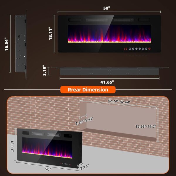 50 inches Electric Fireplace-Wall Fireplace for Living Room-Fireplace Freestanding/Inserts/Wall Mounted with Remote Control, Timer, Dimmer, 12 Flame Colors, 750/1500W, Ultra Thin - Image 6