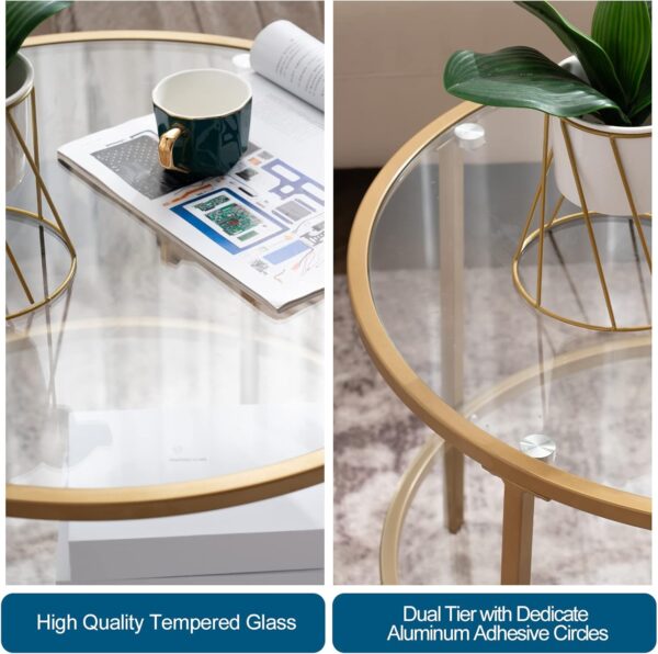 VINGLI 25.6" Round Gold Coffee Tables for Living Room, 2-Tier Glass Top Coffee Table with Storage Clear Coffee , Simple & Modern Center Table for Small Space - Image 4