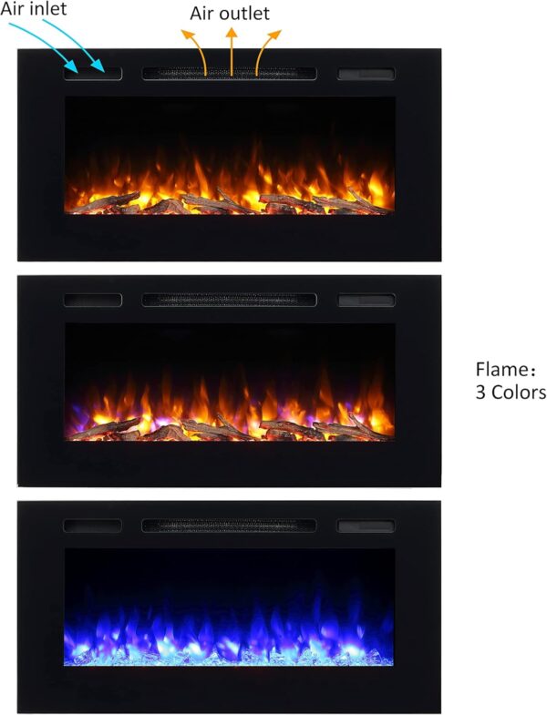 PuraFlame Alice 40 Inches Recessed Electric Fireplace, Flush Mounted for 2 X 6 Stud, Log Set & Crystal, 1500W Heater, Black - Image 2