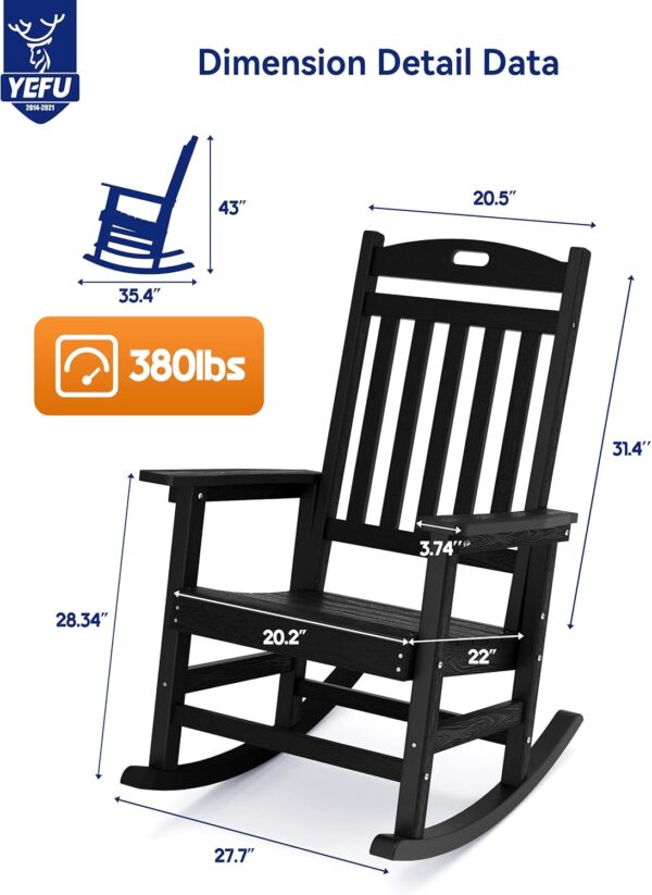 YEFU Outdoor Rocking Chair Oversized,Seat Depth 22",Backrest Height 31",Patio Poly Wide Rocker Chair with 380lbs Weight Capacity,Weather Resistant,for Lawn, Porch, Backyard, Indoor and Garden(Black) - Image 3