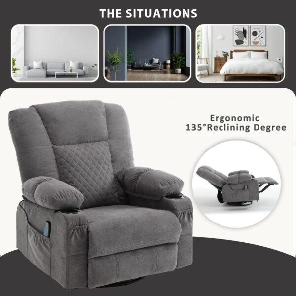 Massage Rocker Recliner Chair with Heat, Overstuffed Recliners Oversized Lounge Chairs for Adults, Fabric Manual Reclining Home Theater Recliner with Cup Holders,USB Charge Port,Grey - Image 7