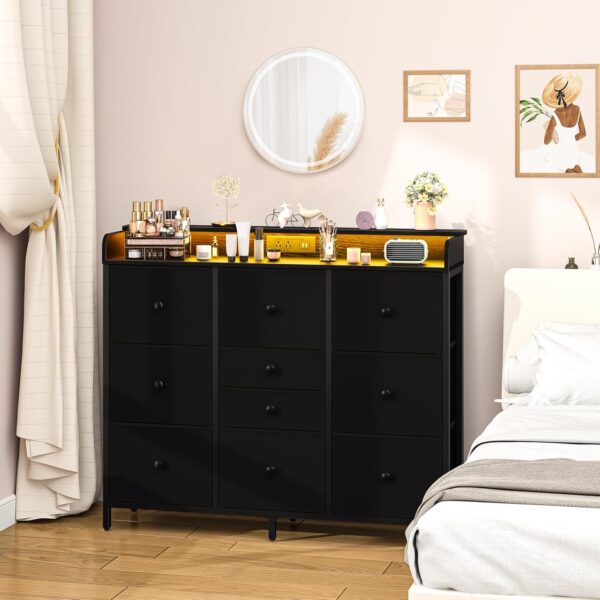 Yoobure Dresser for Bedroom with Charging Station and LED Lights, Tall Dresser TV Stand With 10 Storage Drawers,Fabric Black Dressers & Chests of Drawers,Wood Dresser for Kids Bedroom Closet Organizer - Image 2