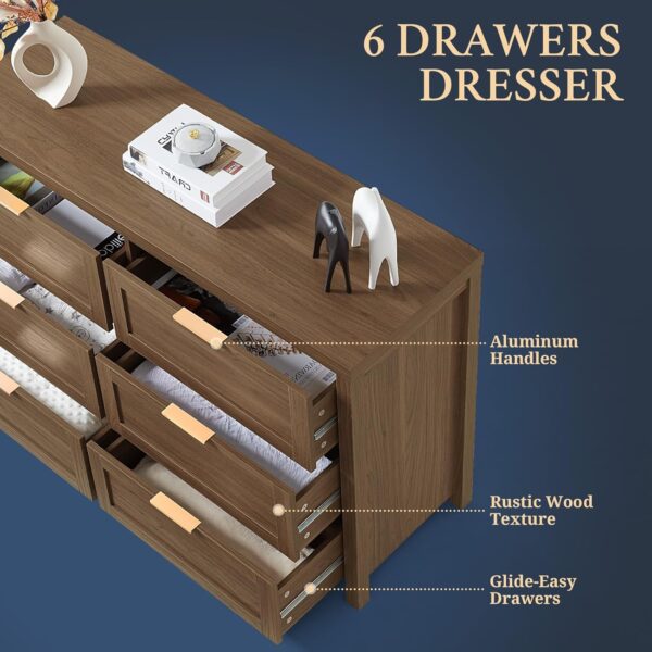 Sherwood 6 Drawer Double Dresser, 47" Wide Wooden Storage Chest with 1.4 Inch Thick Top, Modern Storage Organizer for Bedroom, Living Room, Hallway - Image 3