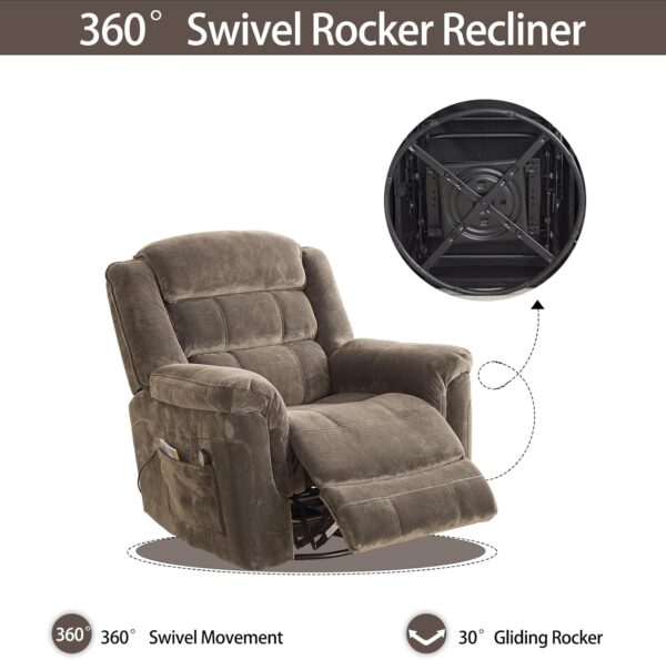 INZOY Oversized Swivel Rocker Recliner with Heat and Vibration, Manual Swivel Rocking Recliner Chair with Massage Vibrating, Overstuffed Soft Fabric Heated Recliner, 360 Swivel Glider Recliner, Brown - Image 3