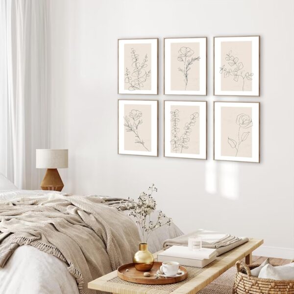 Neutral Botanical Wall Art Set of 6, Minimalist Abstract Botanical Prints Beige Leaf Plant Wall Decor Canvas Line Artwork, Boho Floral Botanical Wall Decor for Bathroom, Bedroom, Living Room, - Image 3