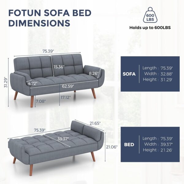 IULULU Futon Sofa Bed - Convertible Couch Bed Loveseat Sleeper for Living Room, Bedroom, Studio, Apartment, Dorm, Home Office, Small Space, Compact Living Room, Light Gray - Image 2