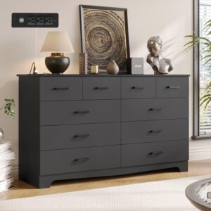 DICTAC Black Bedroom Dresser with 10 Drawers, Large Chest of Drawers Storage Organizer, Long Dresser TV Stand with Power Outlets, Wide Dresser for Bedroom, Living Room (55.1" W x 32.3" H x 15.8" D)