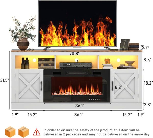 Farmhouse Fireplace TV Stand for 70/75/80 Inch TV, 32”Tall Entertainment Center w/ 36”Electric Fireplace & LED Light, 70”Media Console w/Barn Door Cabinet for Living Room, White - Image 2