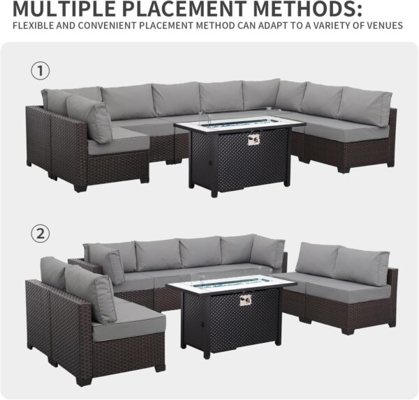 Valita 9-Piece Patio Rattan Furniture Set with Gas Fire Pit Table Outdoor Sectional Conversation Couch Brown PE Wicker Sofa with Washable Gray Cushions - Image 7