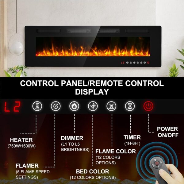 BREEZEHEAT 60 inch Electric Fireplace Wall Mounted/Freestanding-Ultra Thin Fireplace Inserts for Living Room with Heater, Remote Control, Touch Screen, Led Flame, 8H Timer, 750w/1500w - Image 3