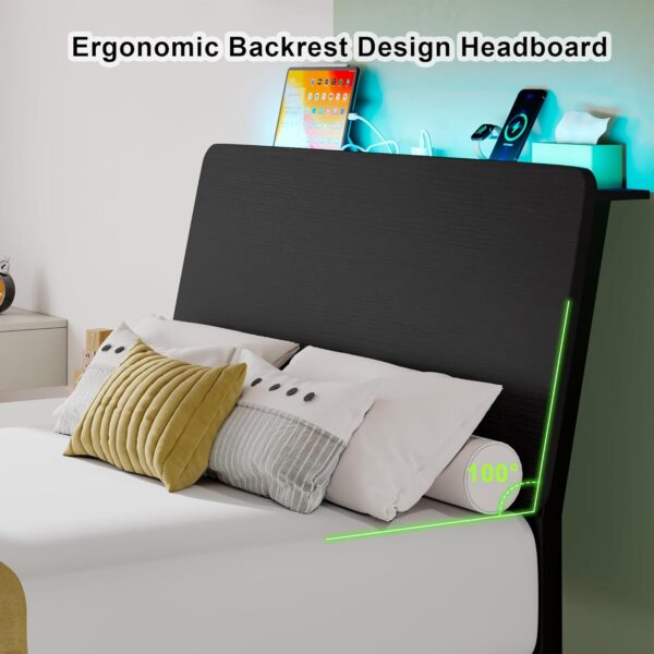 Feonase Twin Bed Frame with Ergonomic Storage Headboard & Charging Station, LED Platform Bed Frame, Heavy Duty Metal Slats, No Box Spring Needed, Easy Assembly, Black - Image 4