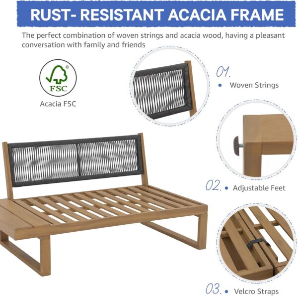 Soleil Jardin 4 Piece Acacia Wood Patio Furniture L-Shaped Outdoor Sectional Sofa Set with Coffee Table, FSC Certified Conversation Set with Built-in Side Table and Cream White Cushions for Garden - Image 4