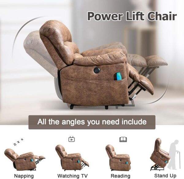 Phoenix Home Large Power Lift Recliner with Massage and Heat for Elderly, Heavy Duty & Safety Motor Reclining Chair, Faux Leather Electric Wider Recliner with USB Ports, 2 Side Pockets, Brown - Image 7