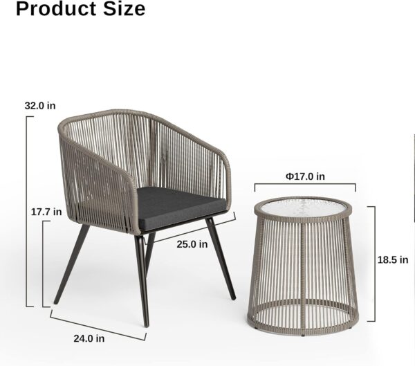 EAST OAK Breezeway Patio Furniture Set, 3-Piece Outside Bistro Set Handwoven Rattan Wicker Chairs with Waterproof Cushions, Tempered Glass Table, Outdoor Conversation Set, Light Grey & Dark Grey - Image 6