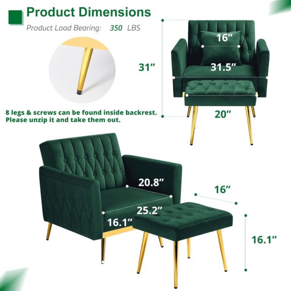 Velvet Accent Chair with Adjustable Armrests and Backrest, Button Tufted Lounge Chair, Single Recliner Armchair with Ottoman and Pillow for Living Room, Bedroom, Green - Image 3