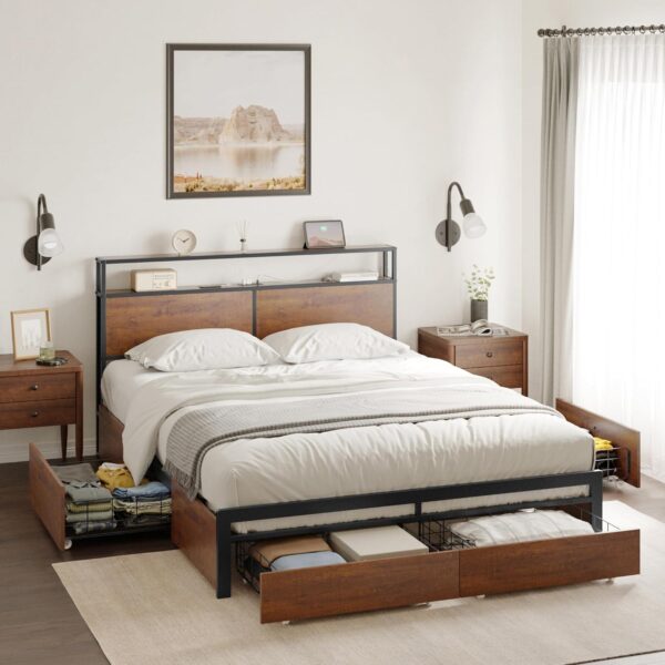 Queen Bed Frame with Storage Headboard and 4 Drawers LED Lights Metal Platform Non-Slip Without Noise Mattress Foundation Strong Metal Slats Support No Box Spring Needed - Image 7