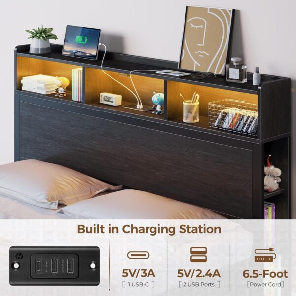 Rolanstar Full Bed Frame with Storage Headboard, Metal Platform Bed with Charging Station, LED, 4 Drawers, Bookcase Storage, No Box Spring Needed, Easy Assembly, Noise-Free, Black - Image 5