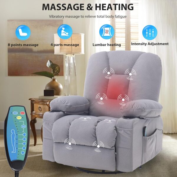 Recliner Chair for Adults, Rocker Recliners with Massage and Heat, Fabric Overstuffed Swivel Glider with Cup Holder Side Pocket, Manual Reclining Sofa Chair for Living Room - Image 4