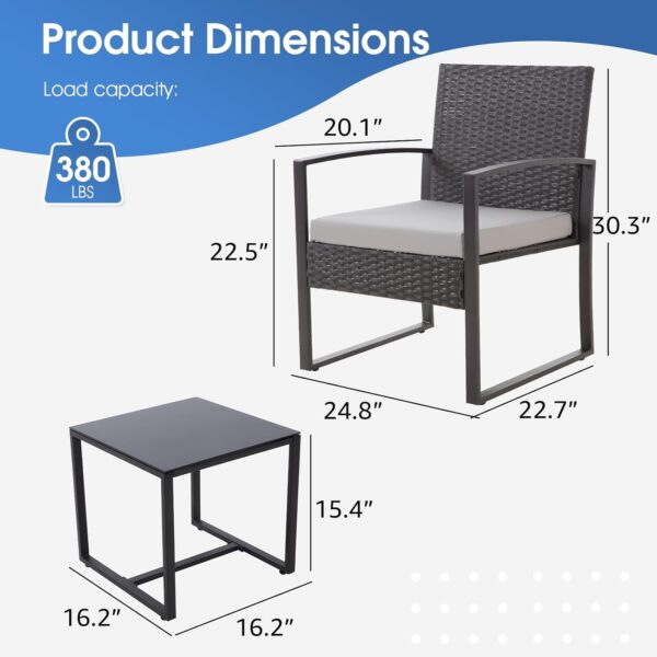 HYDRAGARDEN 3PCS Patio Furniture Set, Outdoor Wicker Bistro Conversation Set with Padded Cushions & Glass Table, Garden Rattan Chair Set for Porch Balcony Backyard (Plus Black Wicker & Grey Cushions) - Image 3