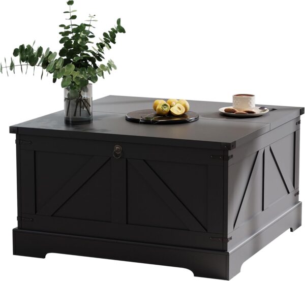 ChooChoo Farmhouse Coffee Table with Hidden Storage, Large Square Center Coffee Table with Lifting Top and Flip Drawer, Wood Rustic Cocktail Coffee Table for Living Room, Black - Image 7