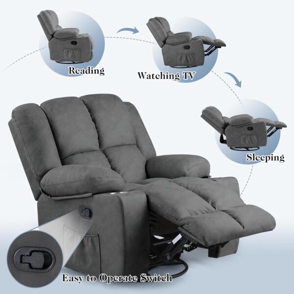 Oversized Swivel Rocking Recliner Chairs for Adults, Lazy Boy Reclining Glider with Cup Holder and Massage,Wide Fabric Rocker Single Sofa for Living Room Bedroom, Dark Grey - Image 4
