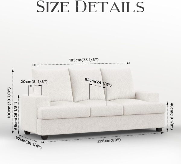 Couches for Living Room, 89" Sofa Couch with Extra Deep 3 Seats, Tool-Free Setup Sofa Bed, Modern Cotton Chenille Fabric Sleeper Sofa for Small Spaces, Living Room, Bedroom, Apartment, Beige - Image 2