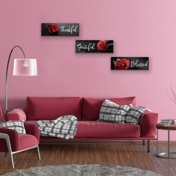 3 Pcs Red Bathroom Decor Red Rose Wall Art Inspirational Flower Wooden Signs Red and Black Bathroom Office Wall Decor with Thankful Grateful Blessed Quotes for Women Bedroom Kitchen(Red Rose12x4 Inch) - Image 7