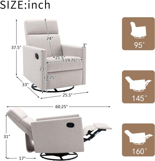 Merax Modern Soft Linen Push Back Rocker Recliner w/Headsupport Adjustable Nursery Glider Chair for Living Room, Bedroom, Set of 1, Tan-Swivel - Image 3